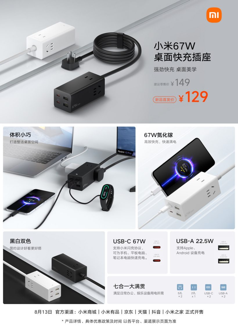 小米 67W 桌面快充插座发布:七合一、双 A 双 C 口,首发价 129 元