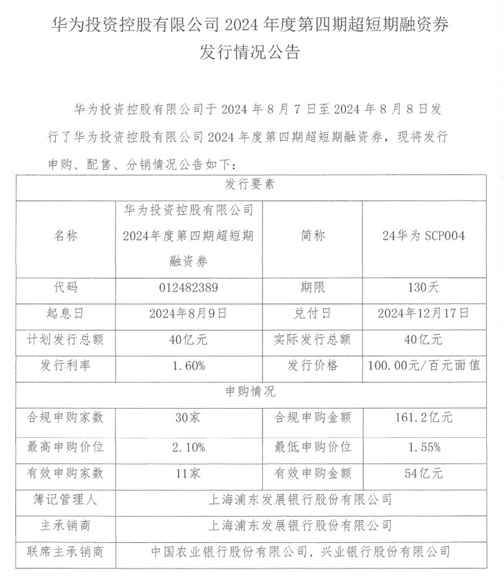 40亿元 华为完成2024年度第四期超短期融资券发行