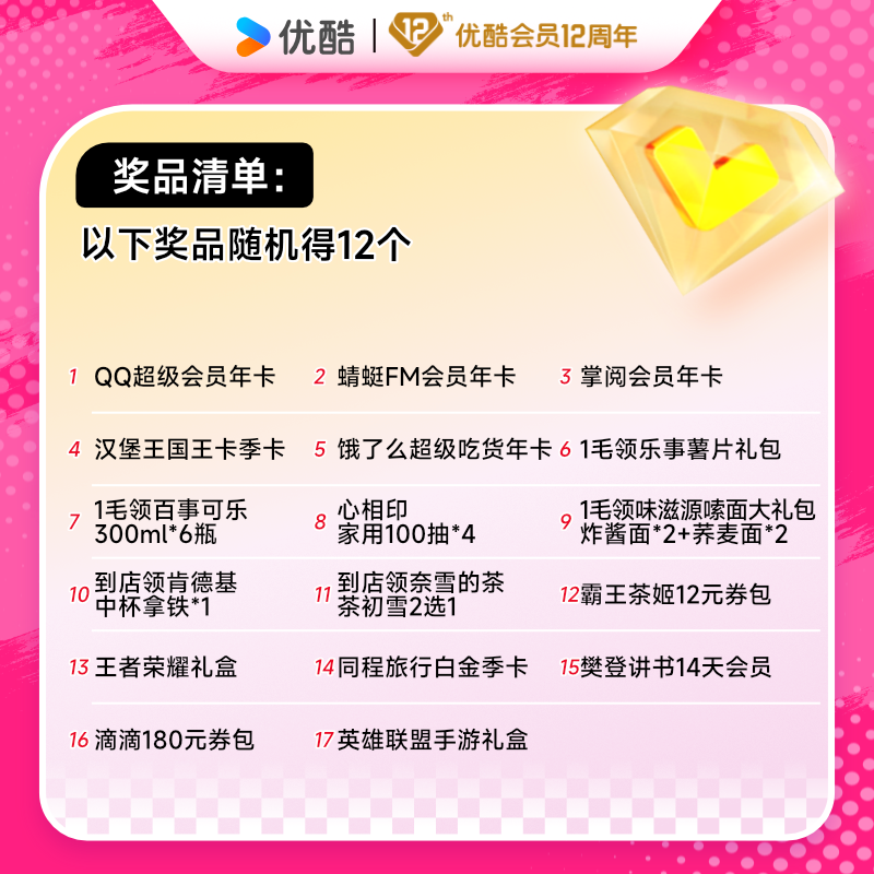 买 1 得 12:优酷 VIP 会员年卡 128 元五折购