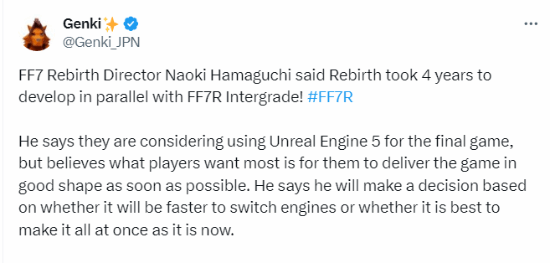 FF7重制三部曲终章或考虑虚幻5开发 重生开发了四年
