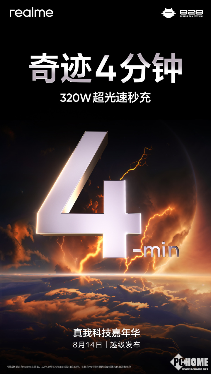 真我官宣320W闪充4分钟充满电:14日下午发布