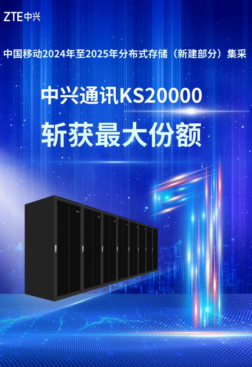 中兴通讯KS20000斩获中国移动2024-2025年分布式存储(新建部分)集采最大份额