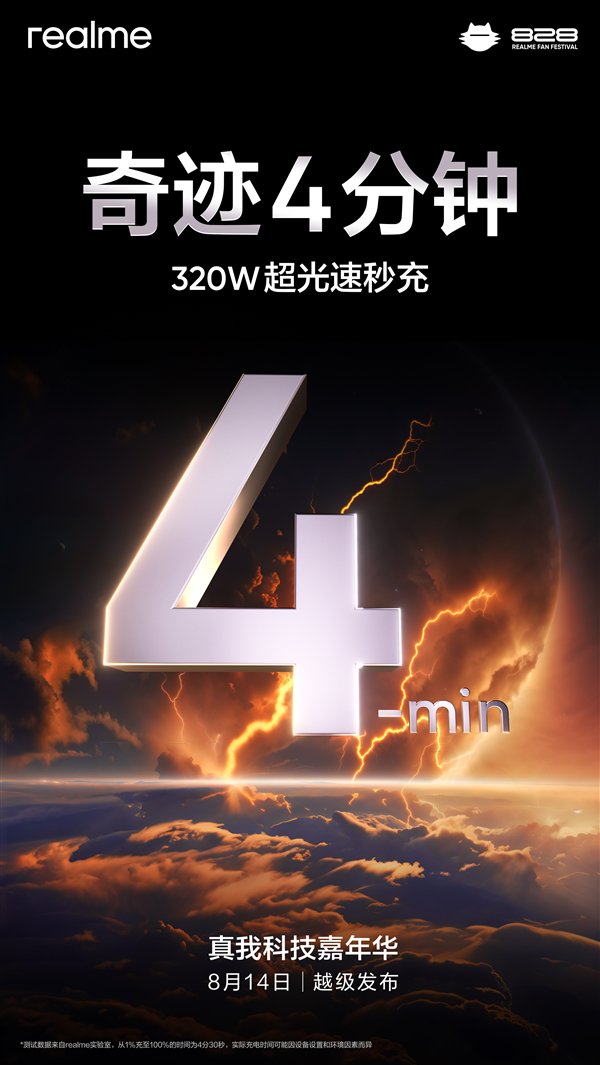 真我320W闪充今天发布!官宣4分钟充满