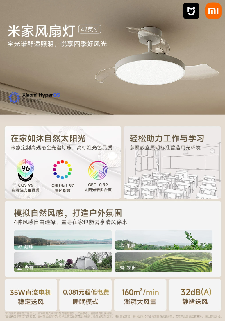 定制全光谱灯珠 / 自然风感：小米米家风扇灯 42 英寸京东 504 元好价