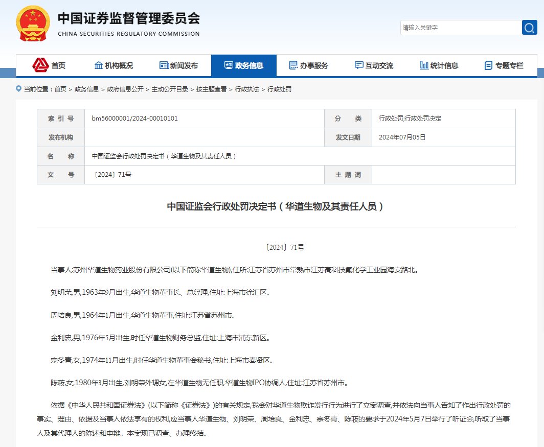 V观财报|招股书财务造假!华道生物及相关责任人合计被罚1150万元
