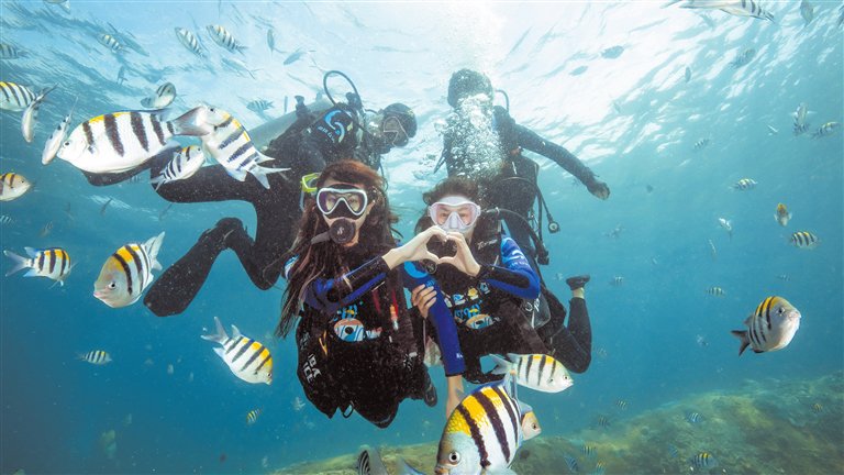 游客在潜水教练员的带领下体验潜水。三亚日报记者 陈聪聪 摄