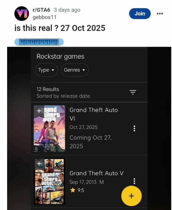 IMDb网站截图泄露!曝《GTA6》明年10月27日发售