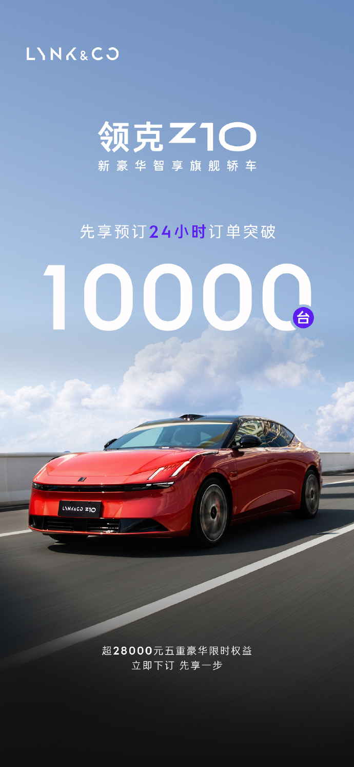 领克 Z10“先享预订”24 小时订单破万:21.58 万元起,9 月 5 日上市