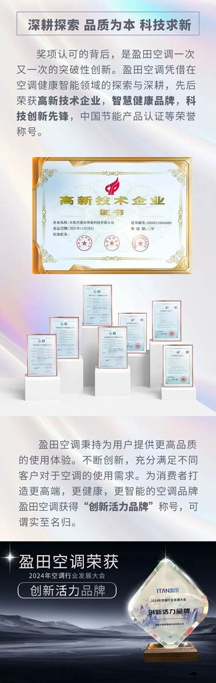 喜报！阜阳盈田空调荣获“创新活力品牌”和“舒适品质先锋奖”双料奖项！