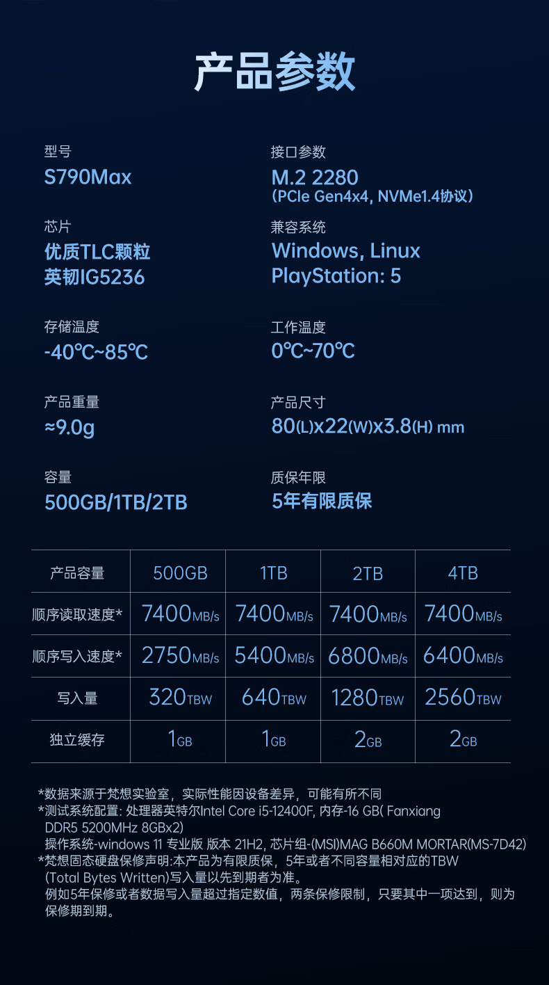 7400 MB/s+ 2G 缓存：梵想 TLC 固态硬盘 4T 版 1599 元上市