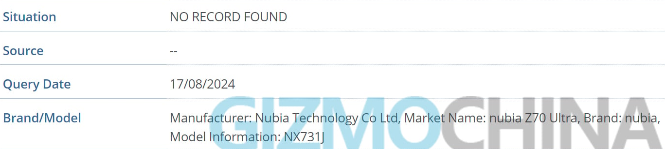 努比亚 Z70 Ultra 手机现身 IMEI 数据库,预计年底发布