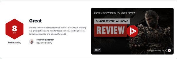 《黑神话:悟空》媒体评分解禁:多家媒体给出好评