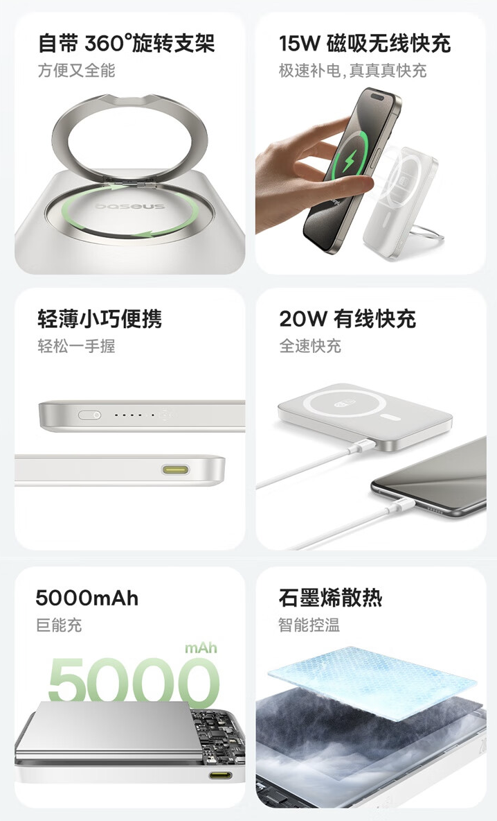 倍思推出“磁吸旋转支架”移动电源:支持 15W 无线充、5000 毫安时容量