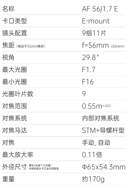 唯卓仕 AF 56mm F1.7 自动对焦镜头 E 卡口版发售,889 元