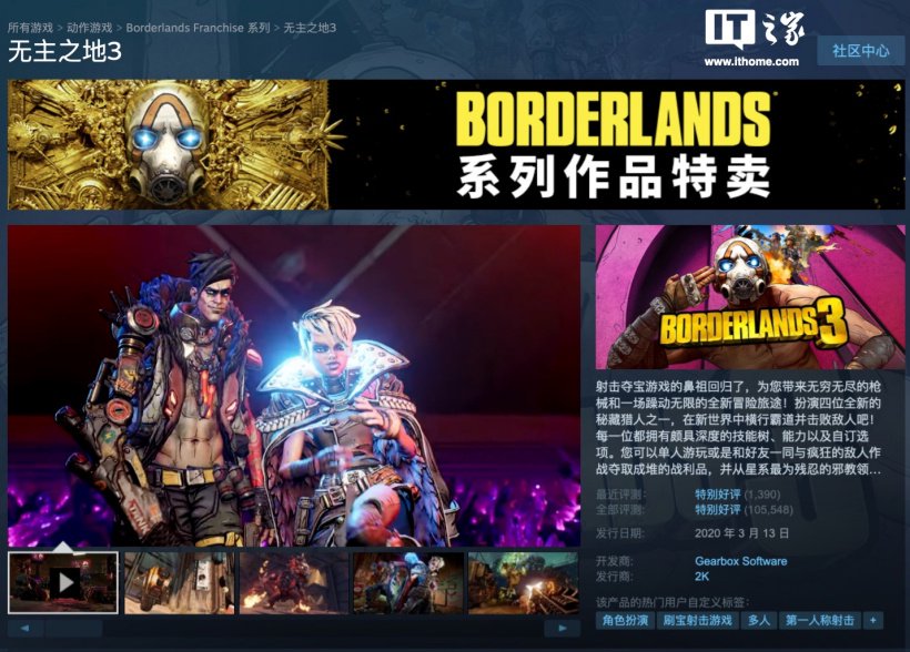 Steam 国区 19.99 元,经典游戏《无主之地 3》迎 1 折史低