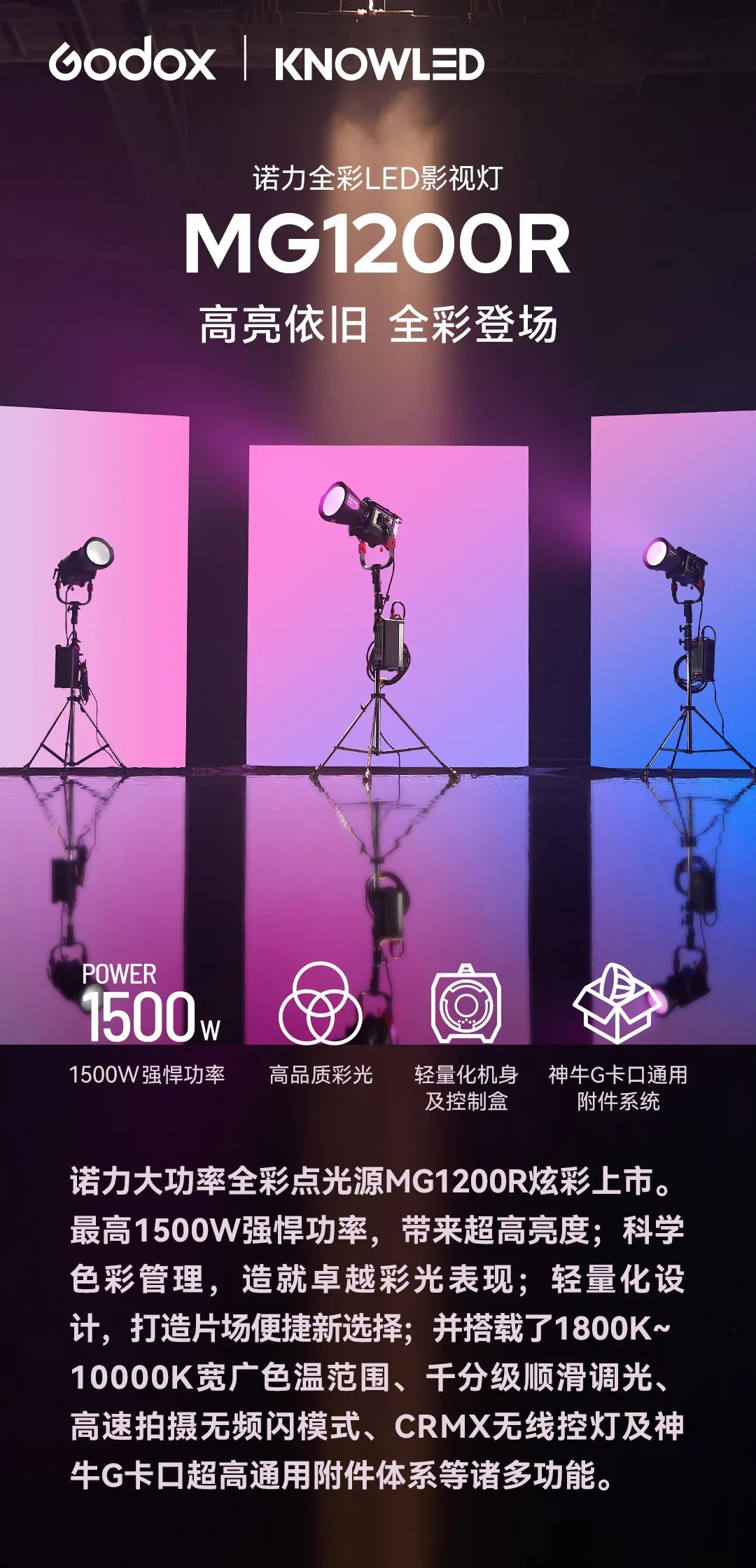 神牛 MG1200R 诺力全彩 LED 影视灯发布:1500W 功率、新增低亮模式,33800 元 / 台