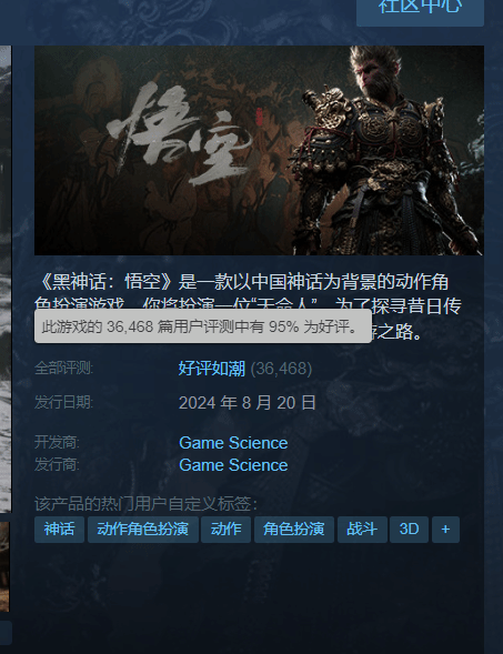 《黑神话:悟空》口碑大爆:Steam 95%好评如潮