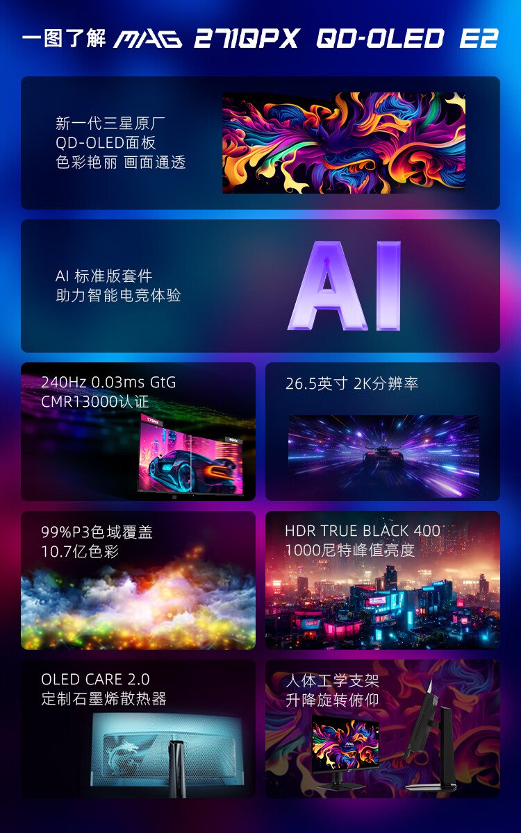 微星 26.5 英寸 MAG 271QPX QD-OLED E2 显示器开售:2K 240Hz,首发价 3999 元