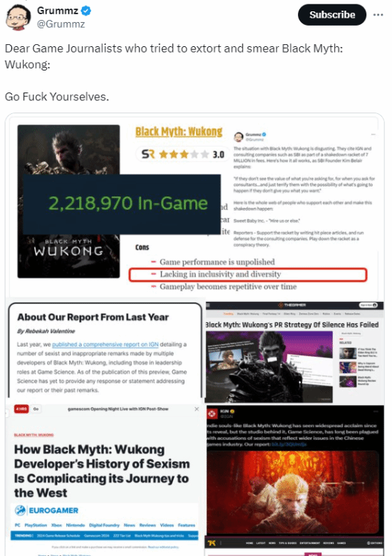 前魔兽负责人大赞游戏科学:诋毁《黑神话:悟空》的媒体去死吧