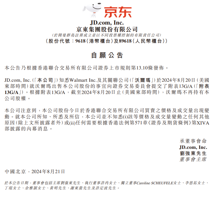京东集团:截至 8 月 20 日止,沃尔玛不再持有本公司股权