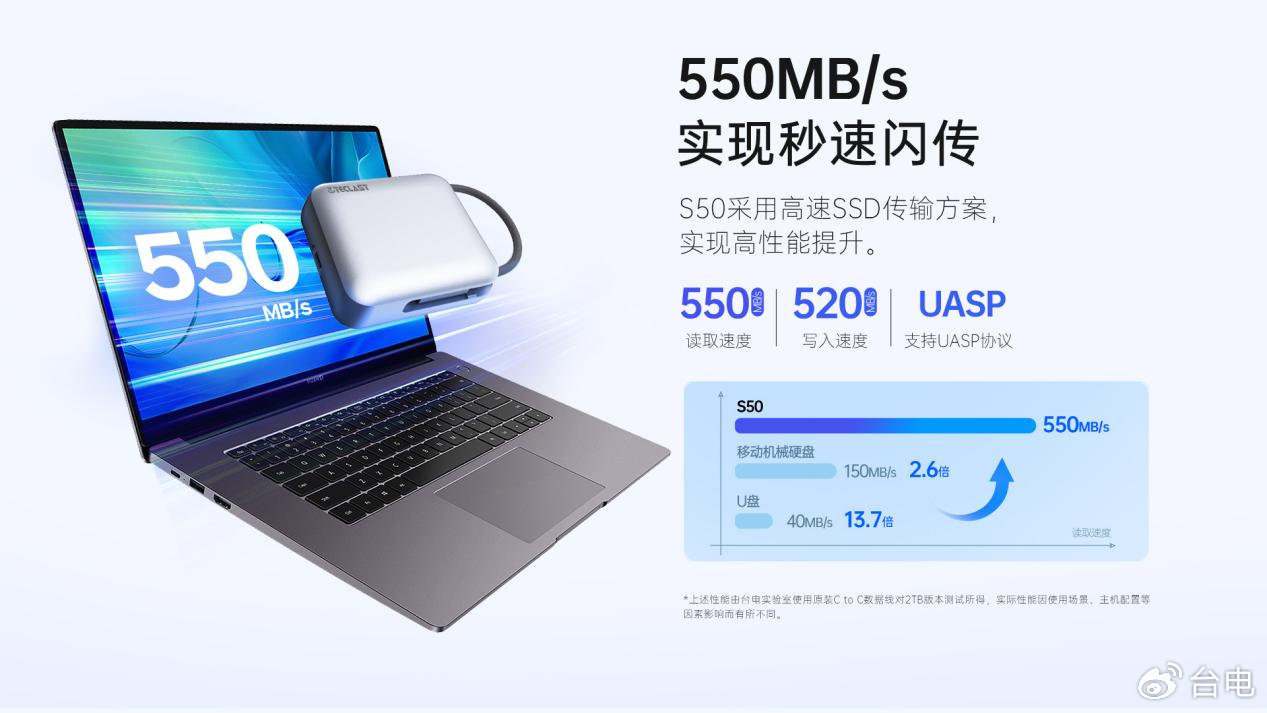 台电移动固态硬盘 S50 发布:读取速度 550MB/s、自带 Type-C 接线,289 元起