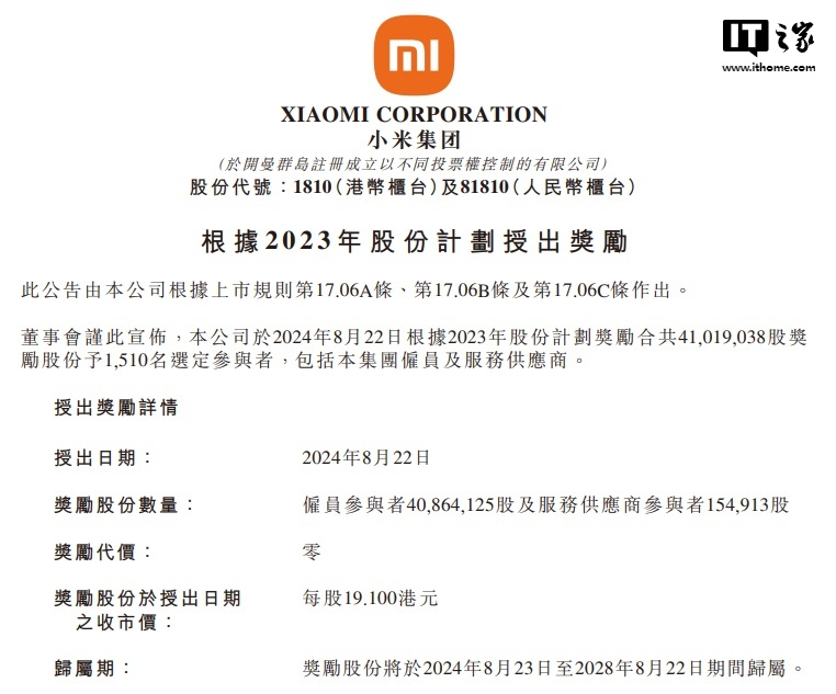 小米集团宣布向 1510 人奖励约 4101.9 万股股份,价值近 7.17 亿元