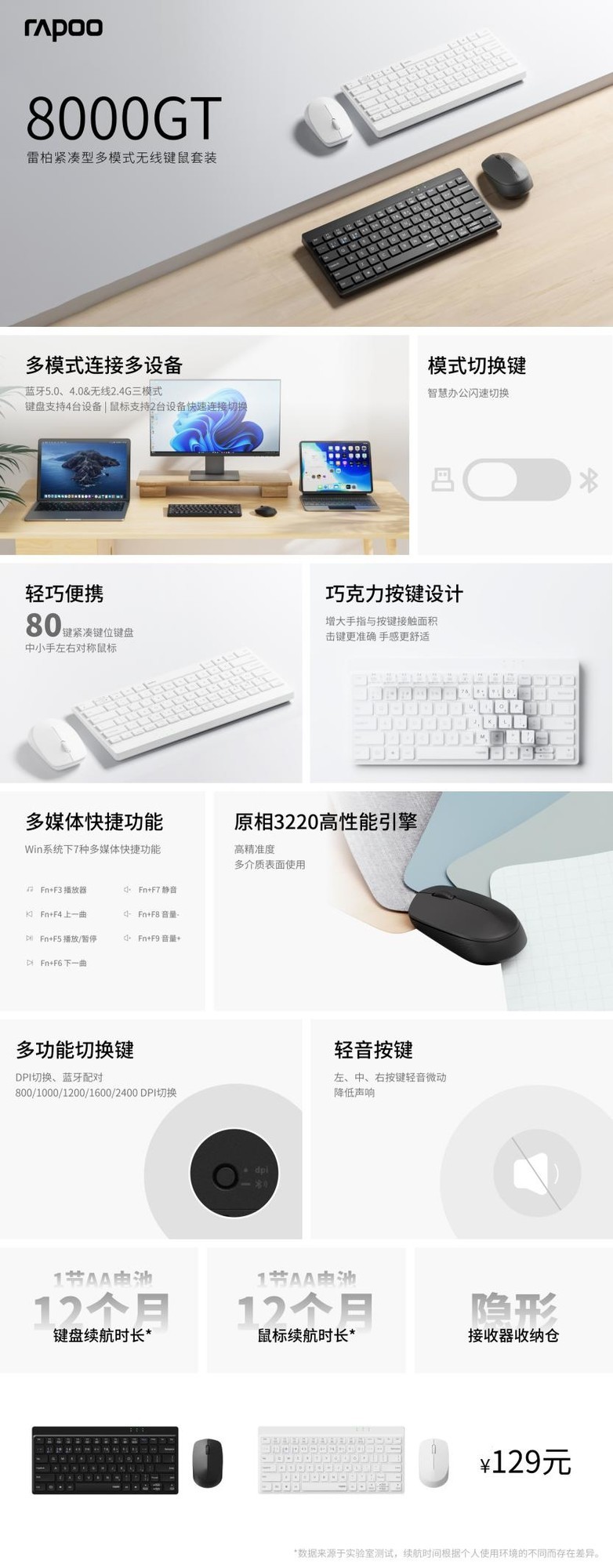 80键区带数字键功能，多设备简便交互，雷柏8000GT 2024款多模无线键鼠套装上市