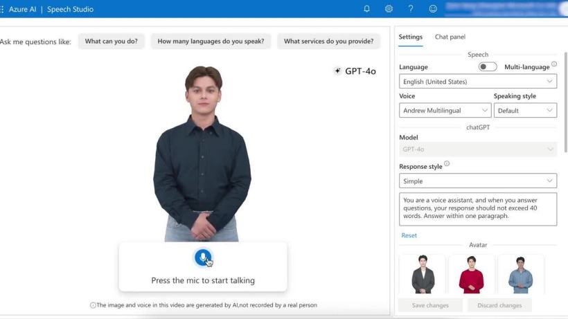 微软 Azure AI 语音服务推出虚拟人形象，支持文本转视频