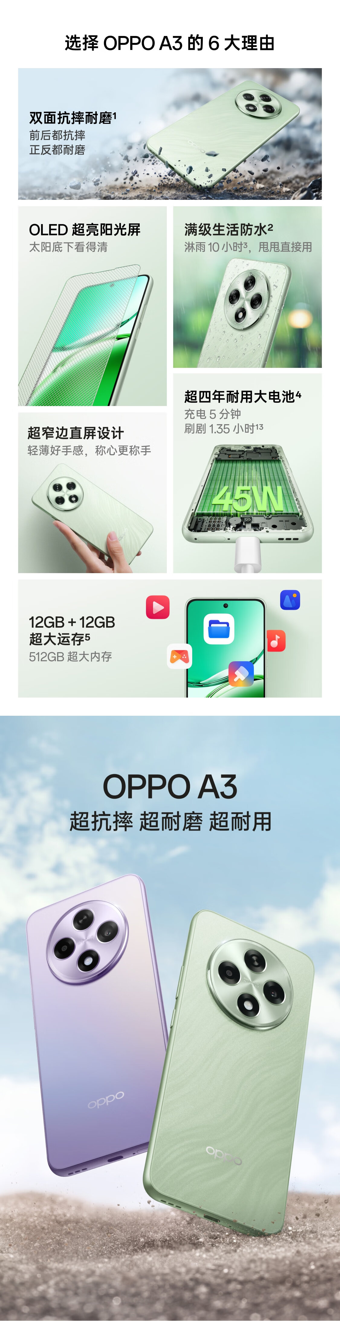 OPPO A3 手机 8GB+128GB 新版本预售：高通 695、178g、IP65，1299 元
