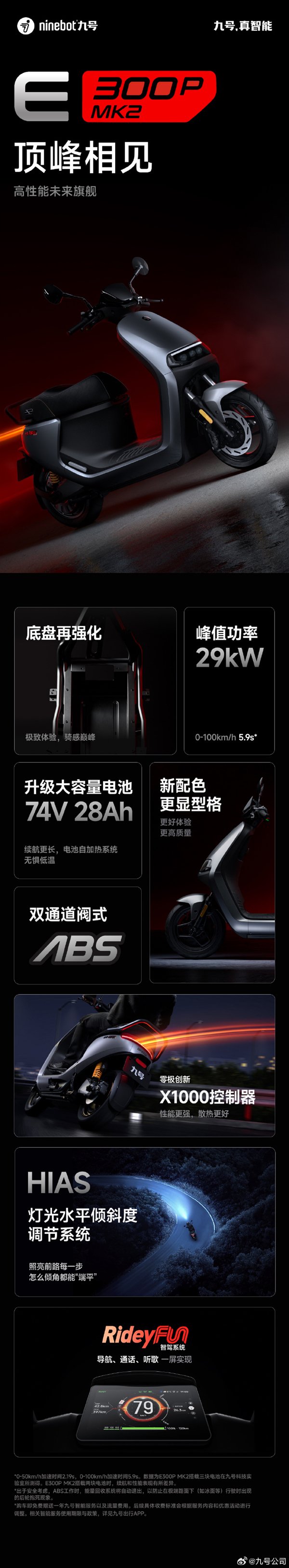 九号电动摩托车E300P MK2发布:零百加速5.9秒、最远跑135km