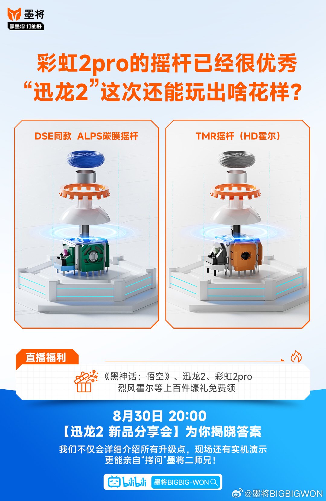 墨将迅龙 2 星闪手柄 8 月 30 日发布:无线回报率 2000Hz、碳膜 / TMR 双版本