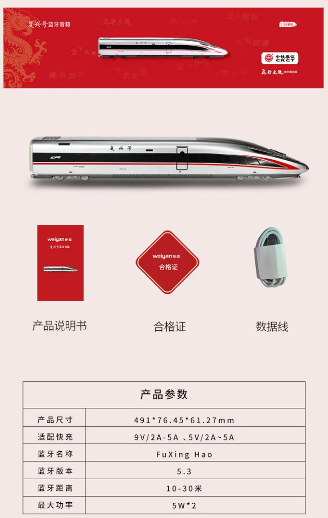 复兴号蓝牙音响发布:1:56 复刻列车,双 5W 扬声器