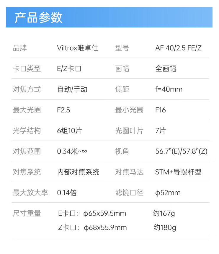 唯卓仕 AF 40mm F2.5 相机镜头索尼 FE 卡口版开售:6 组 10 片、180 克,789 元
