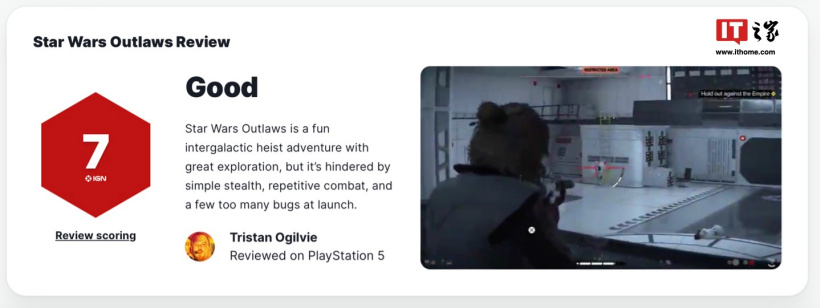 育碧《星球大战:亡命之徒》全球媒体评分解禁:IGN 7 分“游戏内容重复、Bug 较多”