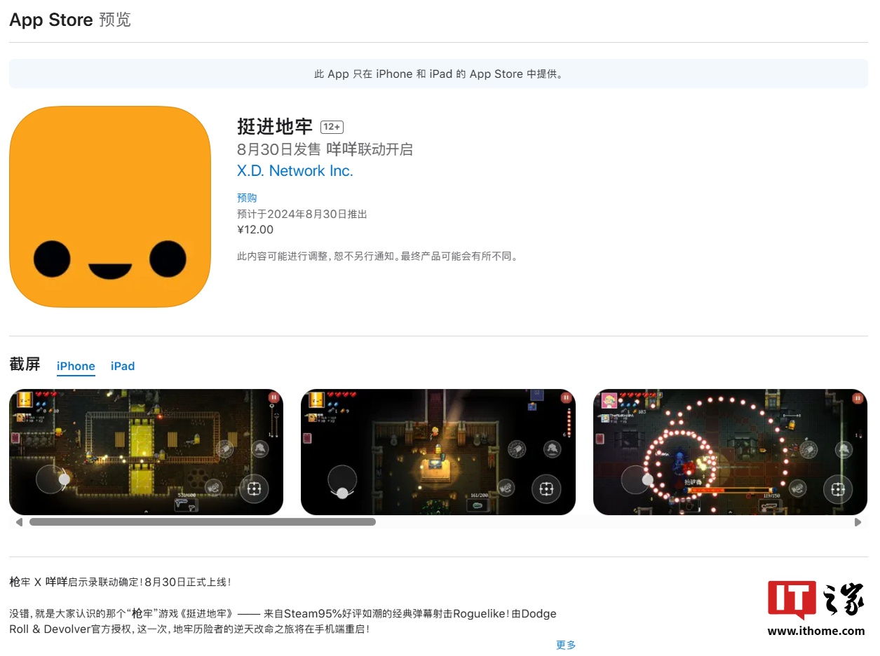 弹幕射击游戏《挺进地牢》苹果 iOS 端开启预购:支持互联网双人联机,首发限时 12 元