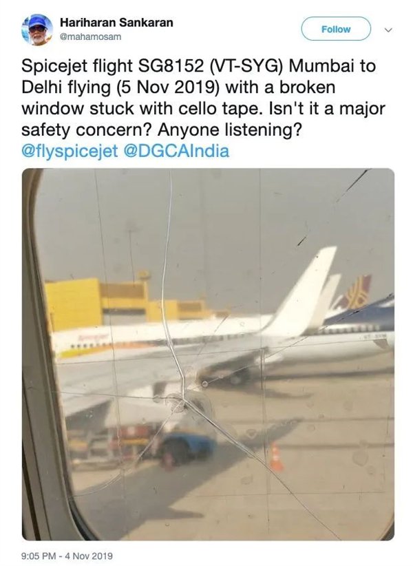 乘客手肘一碰飞机窗户就裂开:为什么透明胶贴贴还能继续飞