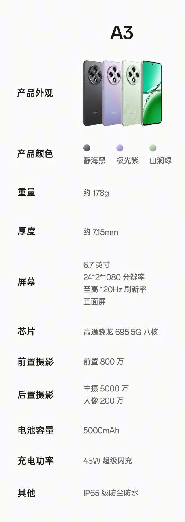 OPPO A3 手机 8GB+128GB 新版本开售:高通 695、重 178g、IP65,1299 元