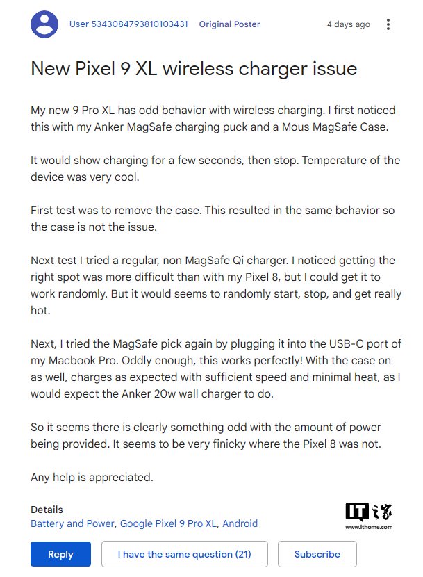 用户抱怨谷歌 Pixel 9 Pro XL 手机无线充电问题:无法充电、发热、不稳定