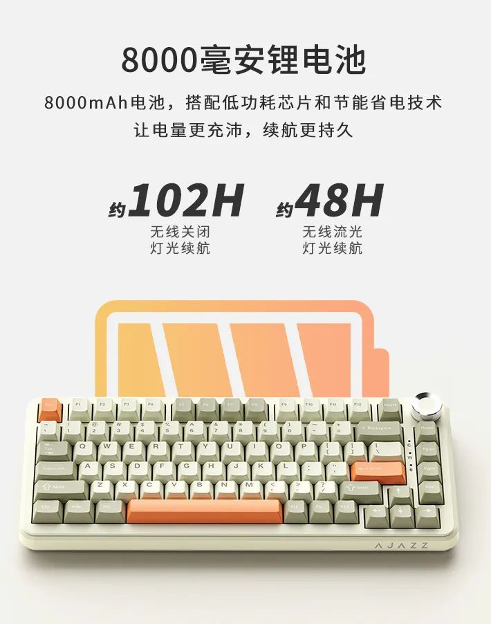 黑爵 AK820 MAX 长续航复古版机械键盘开售:75 配列带旋钮、8000mAh 电池,159 元