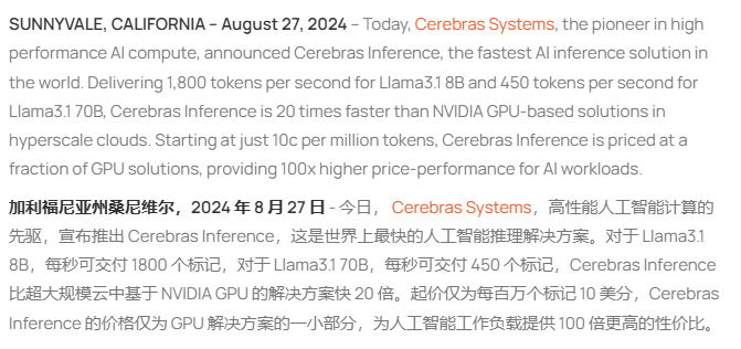 Cerebras 推出全球最快 AI 推理解决方案,速度是英伟达方案的 20 倍