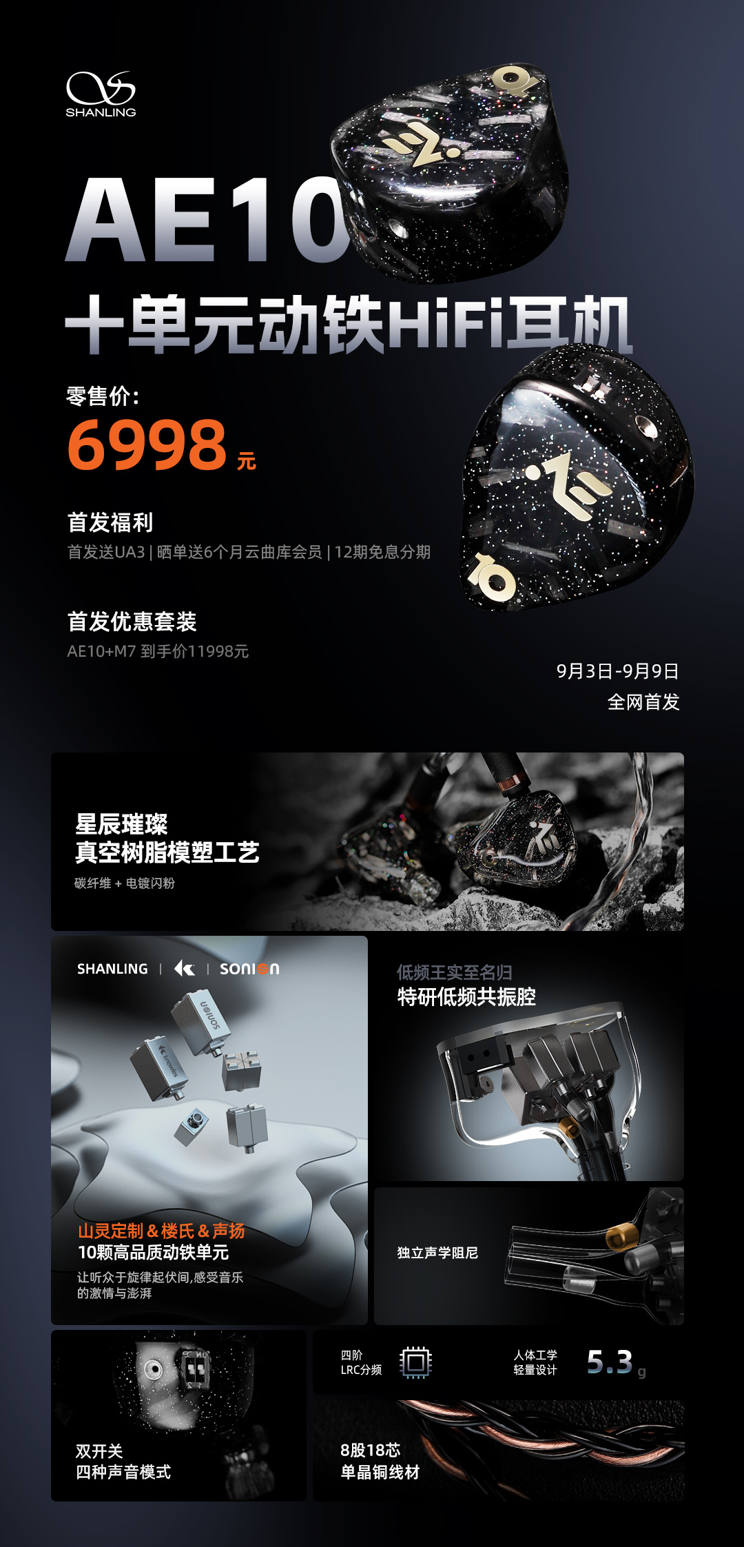 山灵 AE10 十单元动铁 HiFi 耳机上架:4 颗山灵定制 + 2 颗楼氏 + 4 颗声扬单元,6998 元