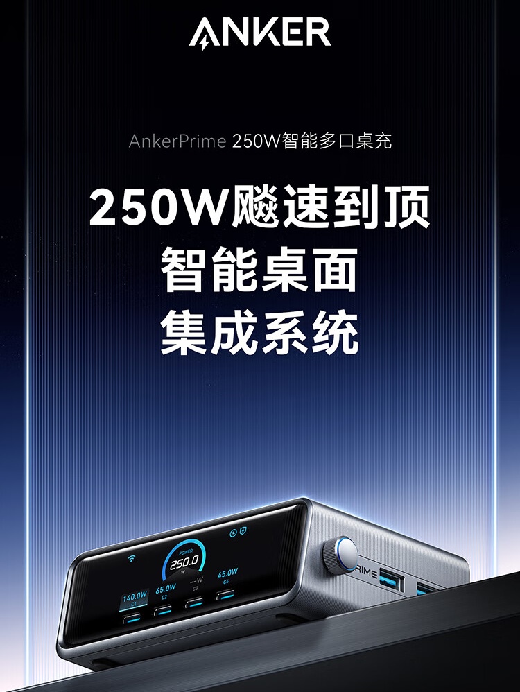 安克 250W 智能多口桌充开售：单口最高 140W、智控旋钮、时钟模式屏显，799 元