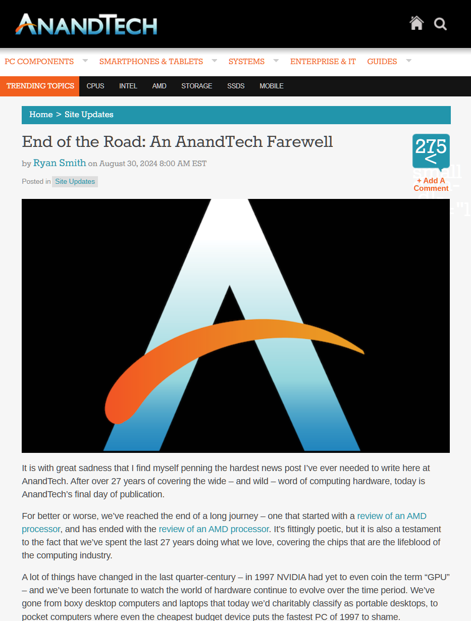 成立至今 27 年,PC 硬件资讯网站 AnandTech 宣布停更