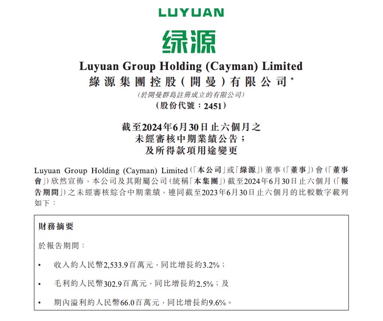绿源集团2024上半年净利润6600万元,同比增长9.6%