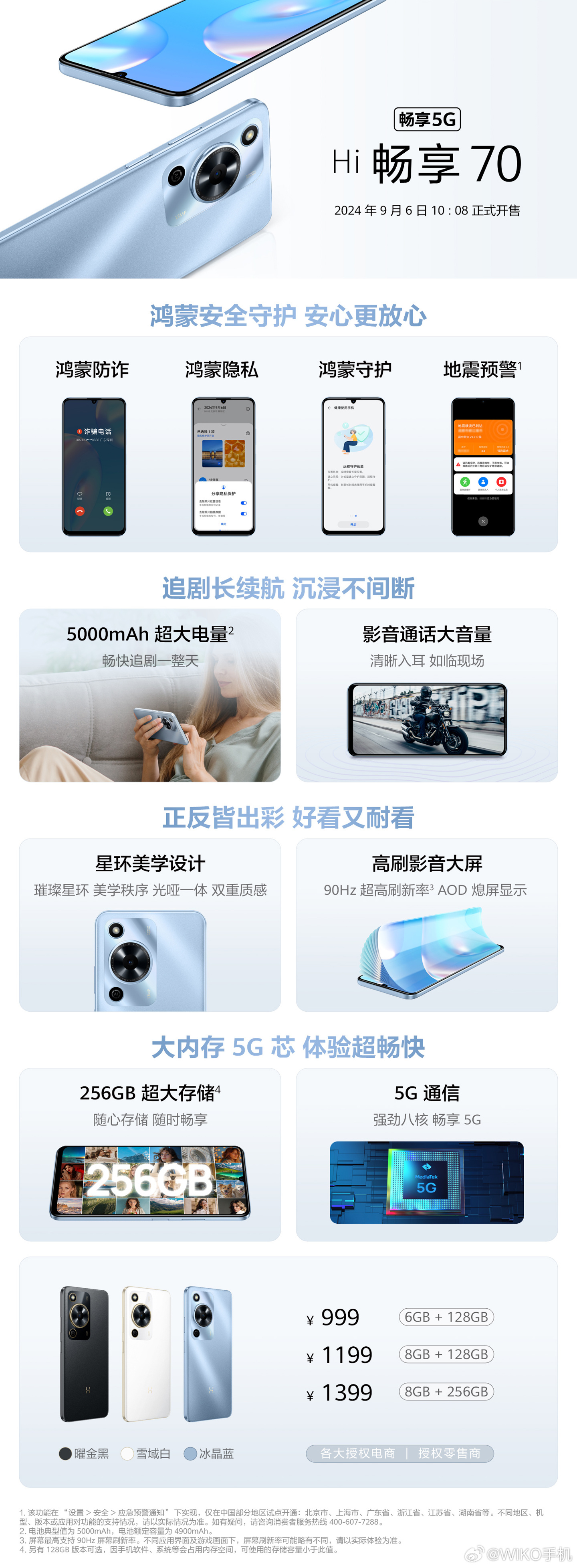 WIKO Hi 畅享 70 5G 手机发布：天玑 700、5000mAh 电池，999 元起