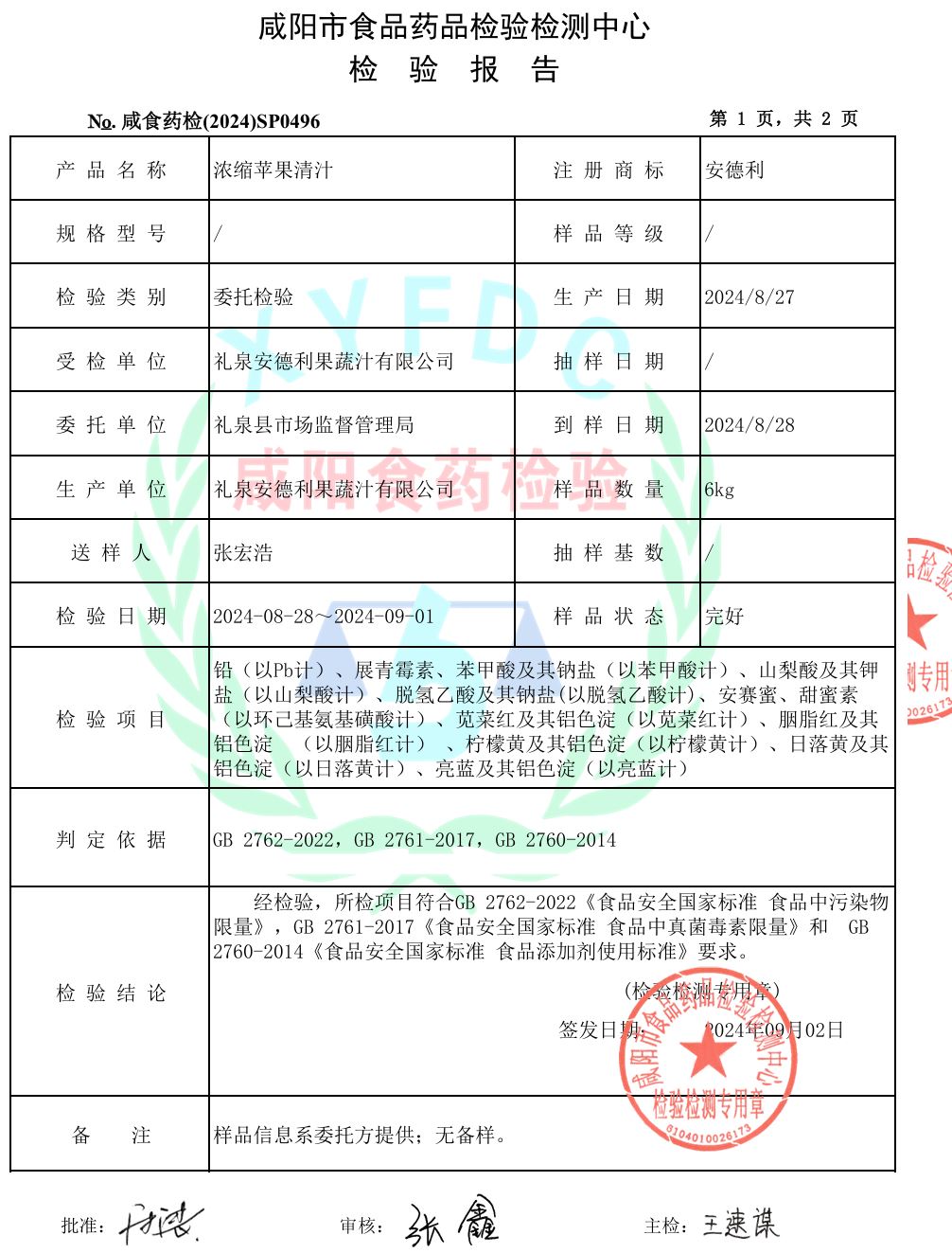 注:图为咸阳市食品药品检验检测中心检验报告