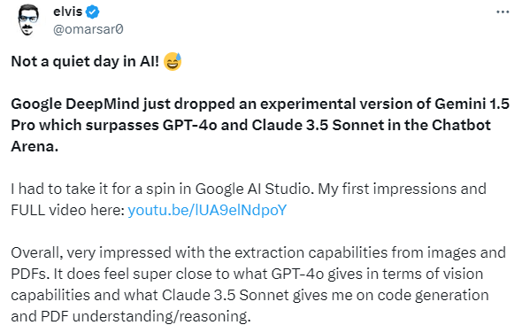 新王登基,gemini 1.5 pro再度更新,超越gpt 4o和claude 3.5