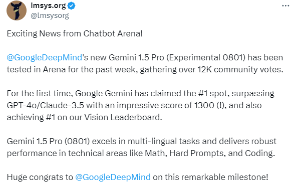 新王登基,gemini 1.5 pro再度更新,超越gpt 4o和claude 3.5