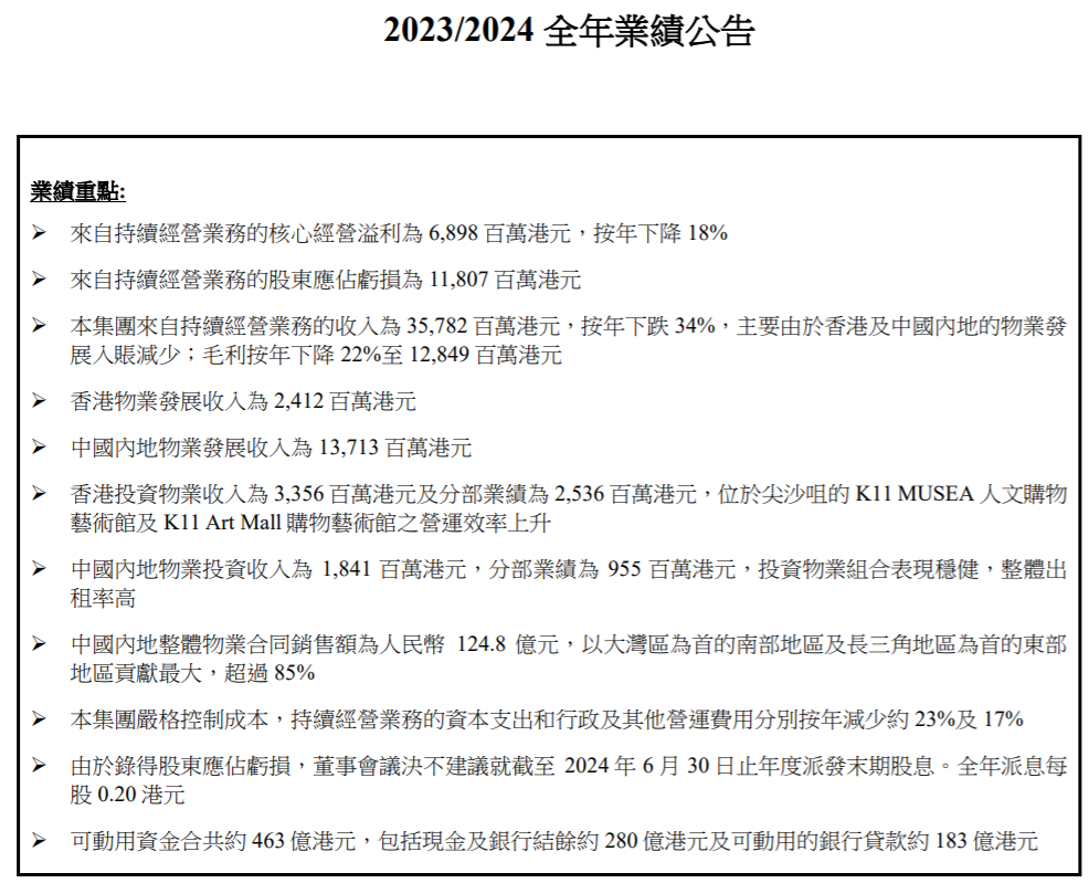 来源:新世界发展2024财年业绩报告