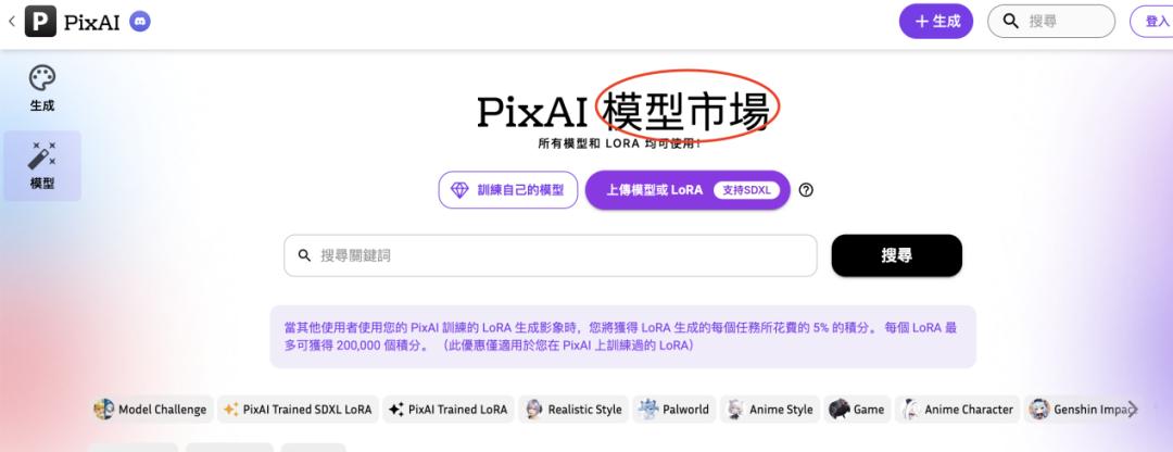 PixAI 界面，主要功能就是生圖和模型訓練